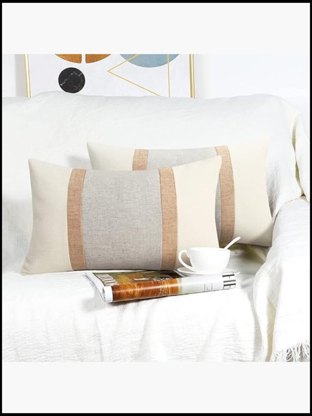 Set of 2 Boho Throw Pillow Covers Farmhouse Linen Decorative Lumbar Pillowcases